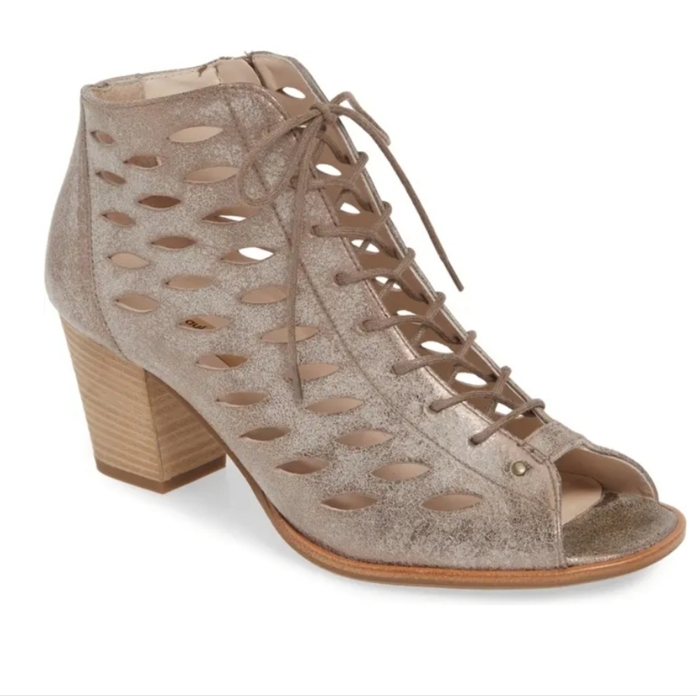 NEW PAUL GREEN Bali Lace-Up Bootie Peep Toe Sandal Zip Metallic Silver